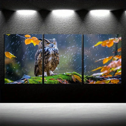 3pcs Vibrant Furious Owl on The Branch Metal Print Ready to Hang Art