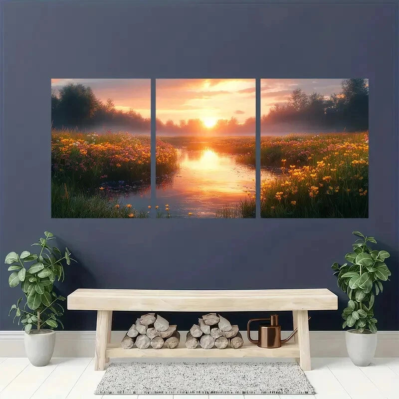 3pcs Soothing Morning Meadow Warm Pastel Sky Metal Print Ready to Hang Art