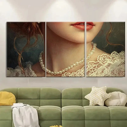 3pcs Woman with Pearls and Lace Victorian-Style Metal Print Ready to Hang Art