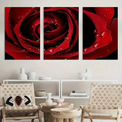 3pcs Vibrant Red Rose Water Droplets Detail Metal Print Ready to Hang Art
