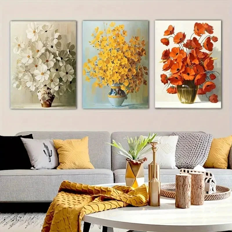 3pcs Bright Colorful Potted Flower Hand-Painted Metal Print Ready to Hang Art
