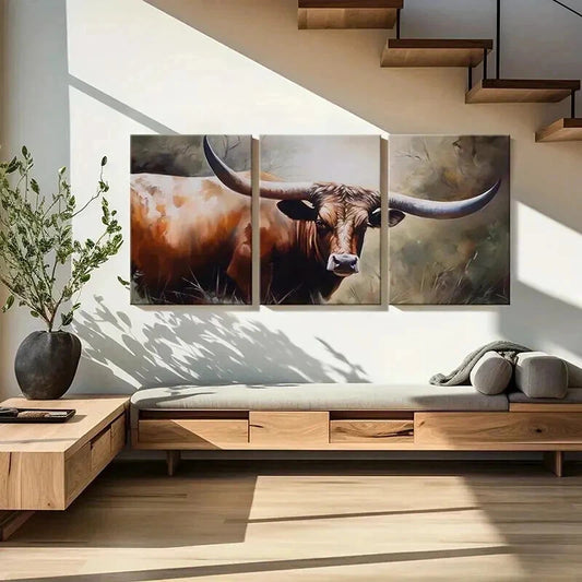 3pcs Texas Longhorn Cattle Decor Wall Art Set Canvas Framed 40x60cm - High Quality Print 100% Australian Made Wall Canvas Ready to Hang