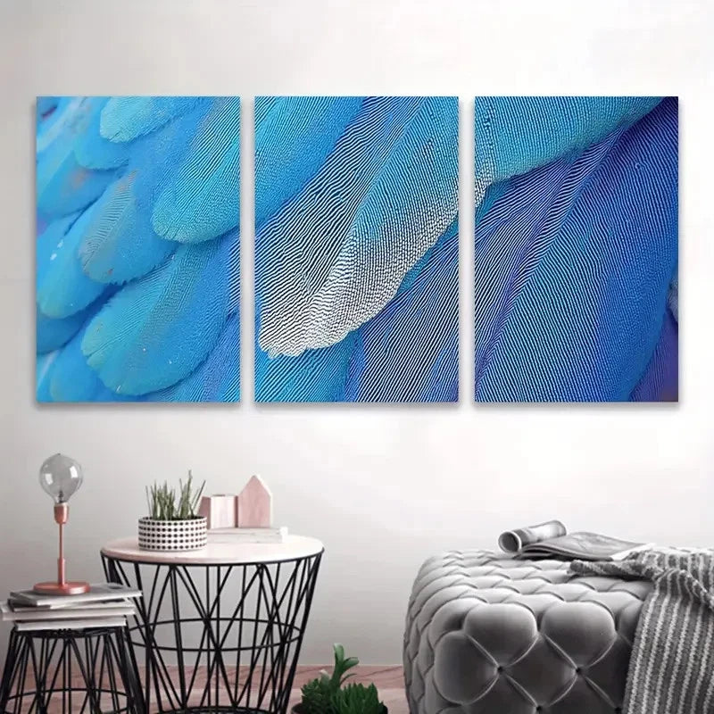 3pcs Blue Azure Feathers Wall Art Set Canvas Framed 50x70cm - High Quality Print 100% Australian Made Wall Canvas Ready to Hang