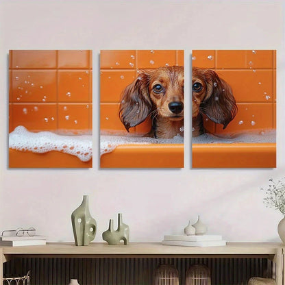 3pcs Dog Dachshund in Bathtub Metal Print Ready to Hang Art