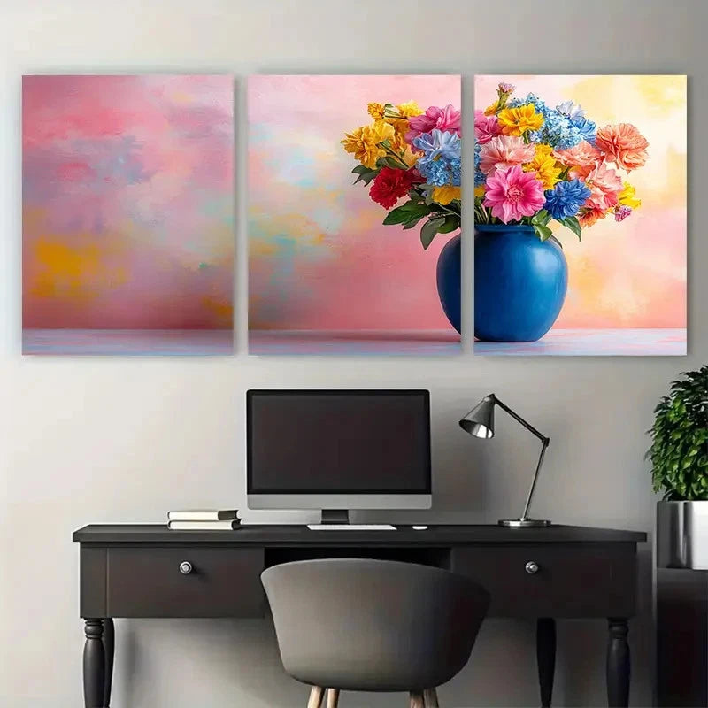 3pcs Flowers in a Blue Vase Minimalist Still Life Metal Print Ready to Hang Art