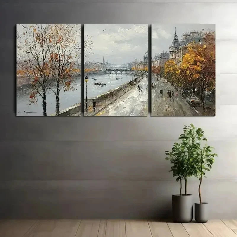 3pcs Parisian Street with The Seine River Metal Print Ready to Hang Art