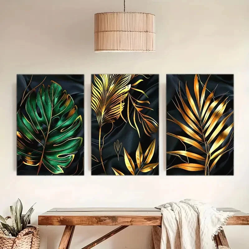 3pcs Environment Atmospheric Abstract Golden Leaf Metal Print Ready to Hang Art