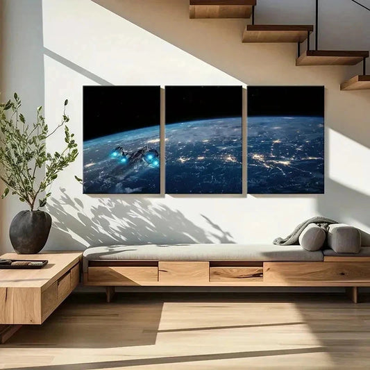 3pcs Outer Space Earth Spaceship Design Wall Art Set Canvas Framed 40x60cm - High Quality Print 100% Australian Made Wall Canvas Ready to Hang