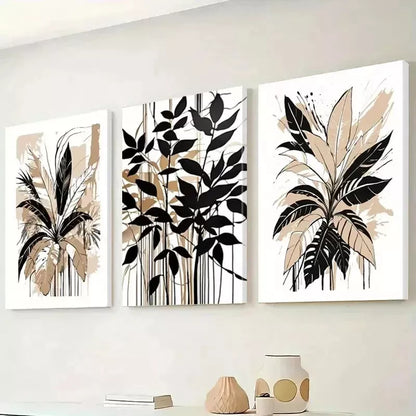 3pcs Minimalist Leaf Prints, Brown & Black Wall Art Set Canvas Framed 50x70cm - High Quality Print 100% Australian Made Wall Canvas Ready to Hang