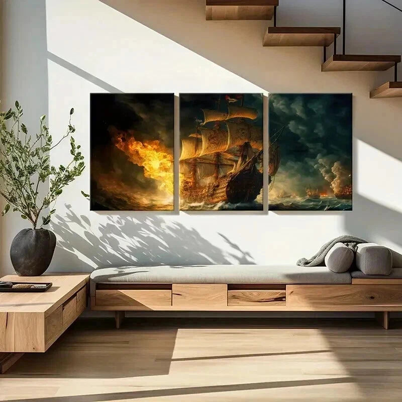 3pcs Pirate Ship On Fire in the Sea Wall Art Set Canvas Framed 40x60cm - High Quality Print 100% Australian Made Wall Canvas Ready to Hang