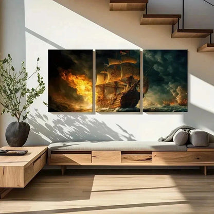 3pcs Pirate Ship On Fire in the Sea Wall Art Set Canvas Framed 40x60cm - High Quality Print 100% Australian Made Wall Canvas Ready to Hang
