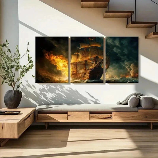 3pcs Pirate Ship On Fire in the Sea Wall Art Set Canvas Framed 40x60cm - High Quality Print 100% Australian Made Wall Canvas Ready to Hang