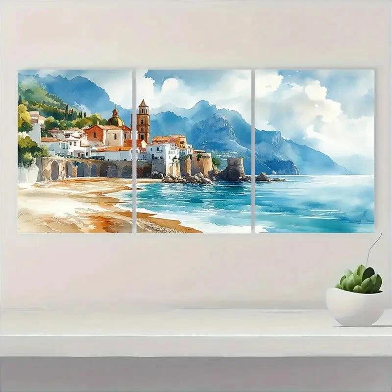 3pcs Atrani Scenic Beach & Mountain View Metal Print Ready to Hang Art