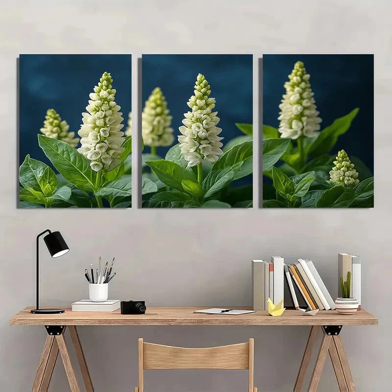 3pcs White Basil Flower Elegant Floral Spires Art Metal Print Ready to Hang Art