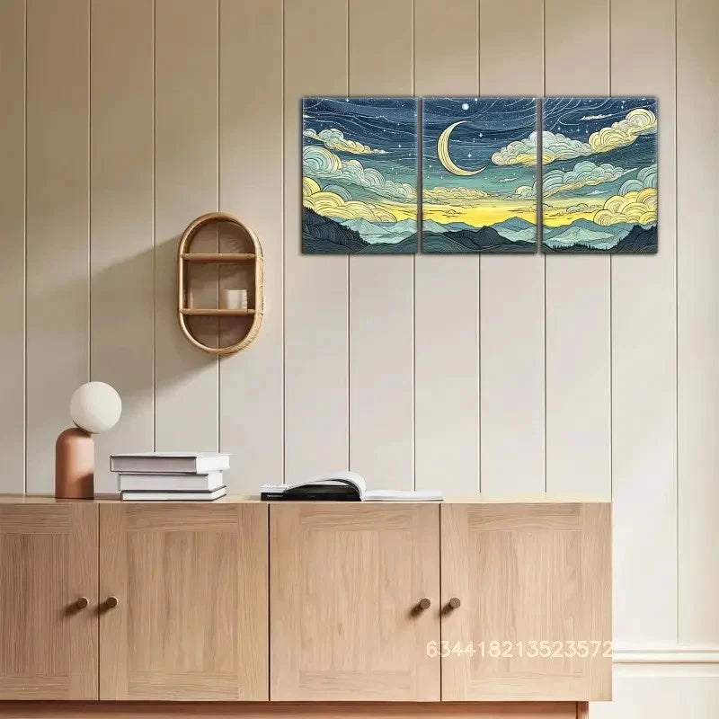 3pcs Dreamy Mountain And Moon Paintings Metal Print Ready to Hang Art