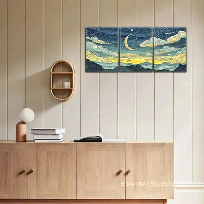 3pcs Dreamy Mountain And Moon Paintings Metal Print Ready to Hang Art