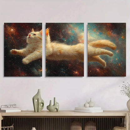 3pcs Surreal White Cat in Cosmic Space Metal Print Ready to Hang Art