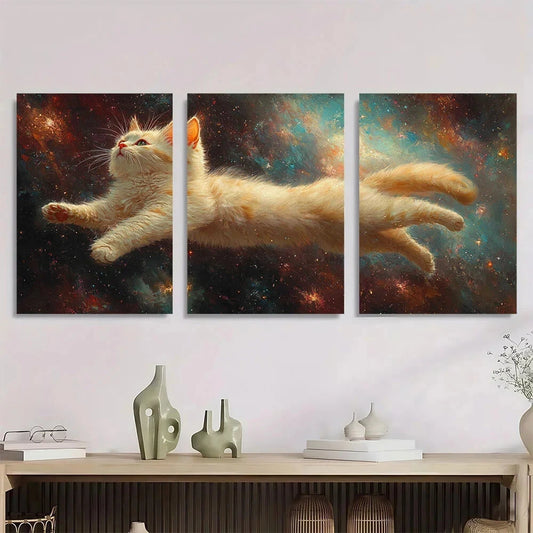 3pcs Surreal White Cat in Cosmic Space Metal Print Ready to Hang Art