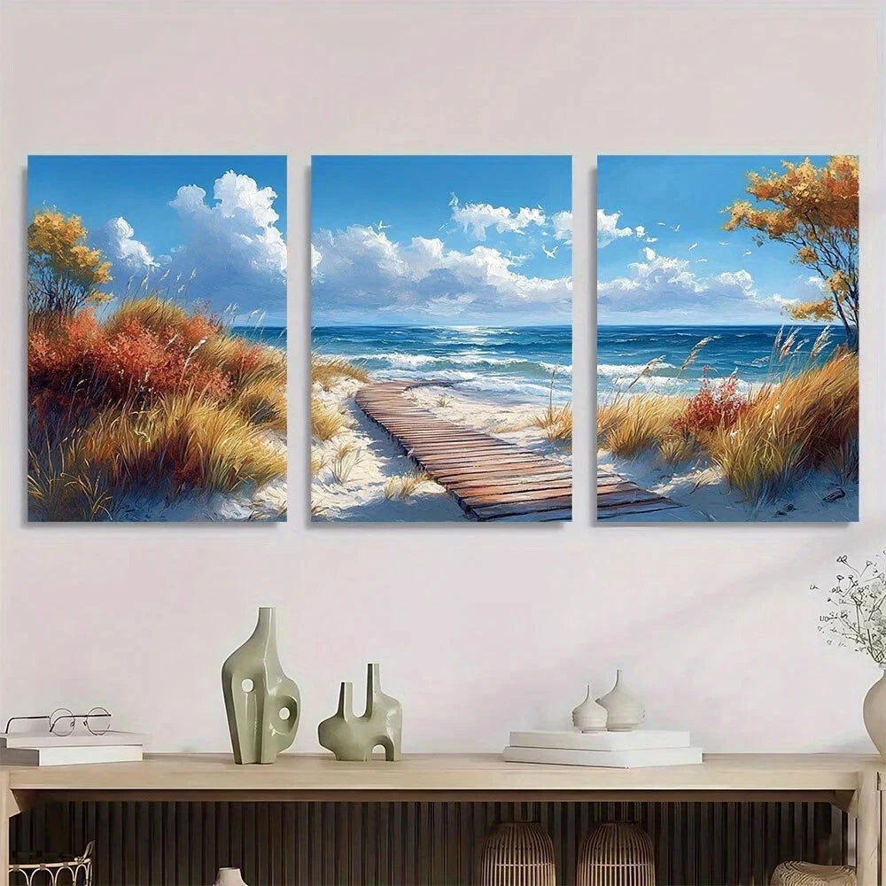 3pcs Seaside Boardwalk Vibrant Beach Metal Print Ready to Hang Art