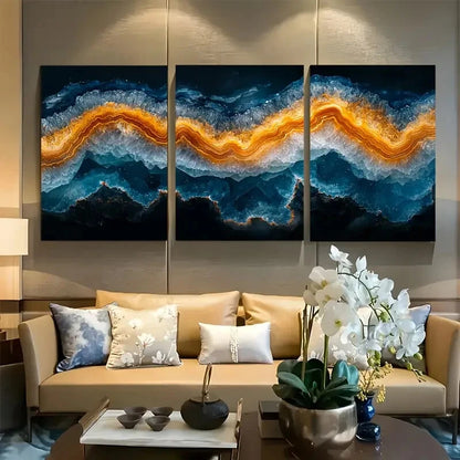 3pcs Abstract Spiral Petrified Earthy Blue Orange Metal Print Ready to Hang Art