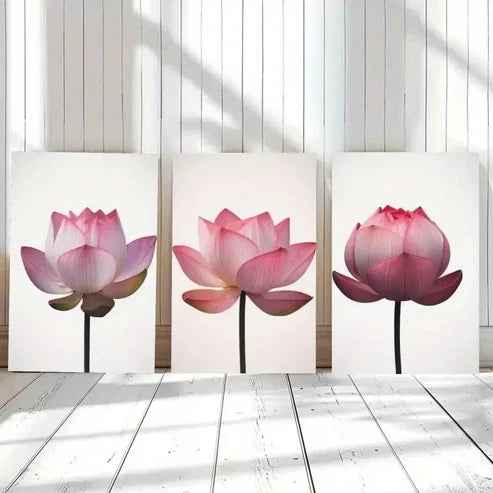 3pcs Lotus Pink & White Botanical Wall Art Set Canvas Unframed - High Quality Print 100% Australian Made Wall Canvas
