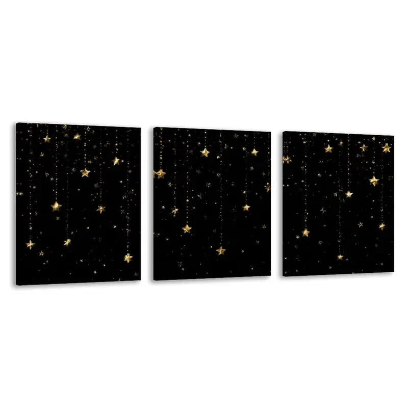 3pcs Golden stars falling on a black canvas  Wall Art Set Canvas Framed 60x90cm - High Quality Print 100% Australian Made Wall Canvas Ready to Hang