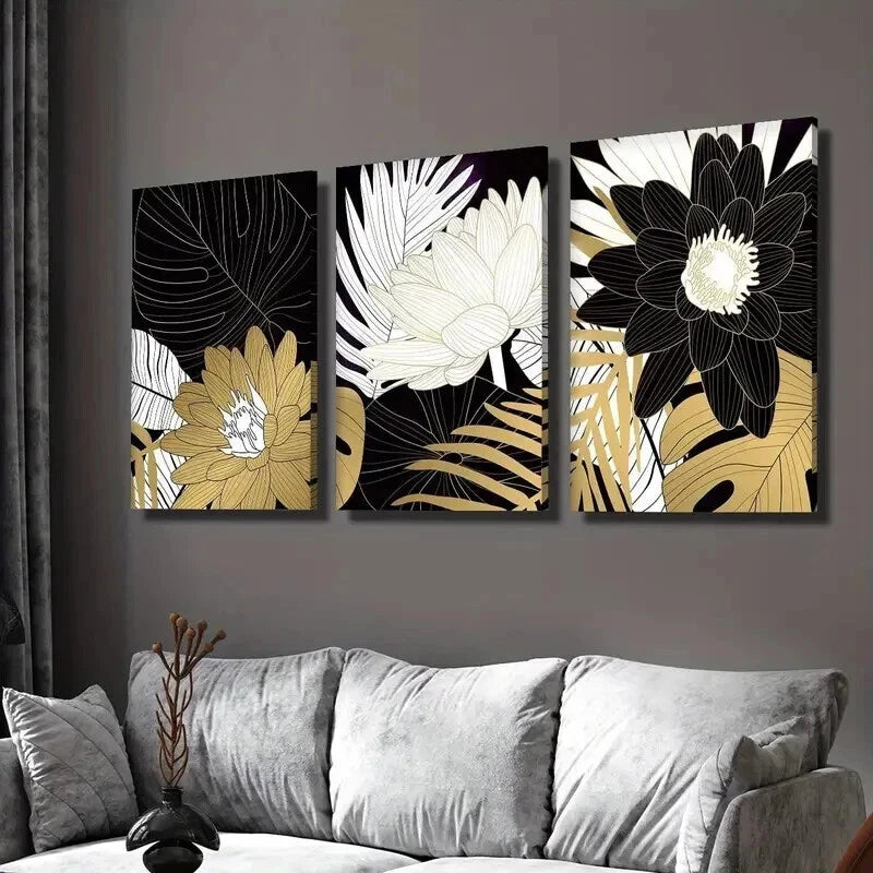 3pcs Gold White Black Lotus & Tropical Leaves Wall Art Set Canvas Framed 40x60cm - High Quality Print 100% Australian Made Wall Canvas Ready to Hang