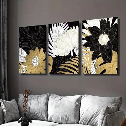 3pcs Gold White Black Lotus & Tropical Leaves Wall Art Set Canvas Framed 40x60cm - High Quality Print 100% Australian Made Wall Canvas Ready to Hang