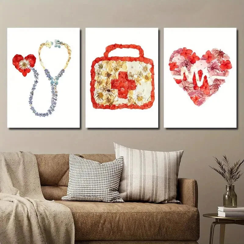 3pcs Floral Stethoscope Heartbeat Design Perfect Wall Art Set Canvas Framed 40x60cm - High Quality Print 100% Australian Made Wall Canvas Ready to Hang