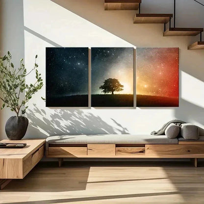 3pcs Trees Under The Stars Night View Wall Art Set Canvas Framed 40x60cm - High Quality Print 100% Australian Made Wall Canvas Ready to Hang