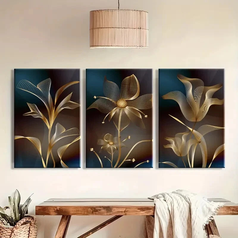 3pcs Abstract Golden Flower Dark Blue Metal Print Ready to Hang Art