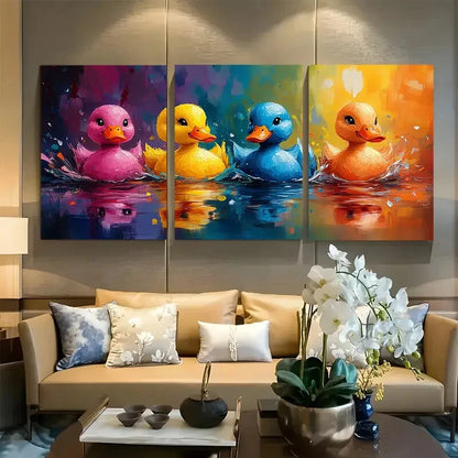 3pcs Colorful Watercolor Ducks in Blue Yellow Pink Metal Print Ready to Hang Art
