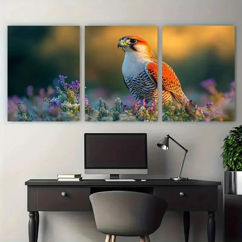 3pcs Red Footed Falcon in Grass Meadow with Floral Metal Print Ready to Hang Art