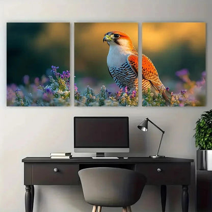 3pcs Red Footed Falcon in Grass Meadow with Floral Metal Print Ready to Hang Art
