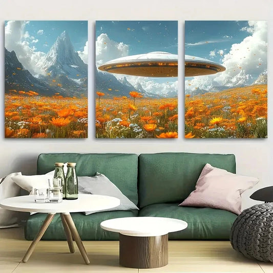 3pcs Vibrant UFO & Wildflower Meadow Metal Print Ready to Hang Art