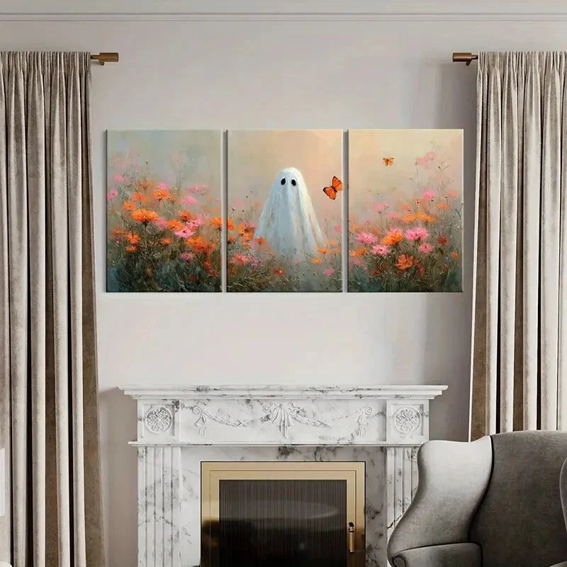 3pcs Artistic Ghost In Floral Field Whimsical Metal Print Ready to Hang Art