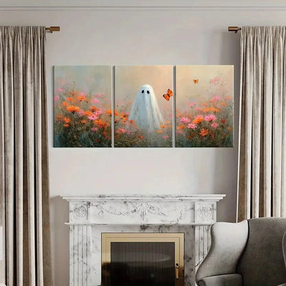 3pcs Artistic Ghost In Floral Field Whimsical Metal Print Ready to Hang Art
