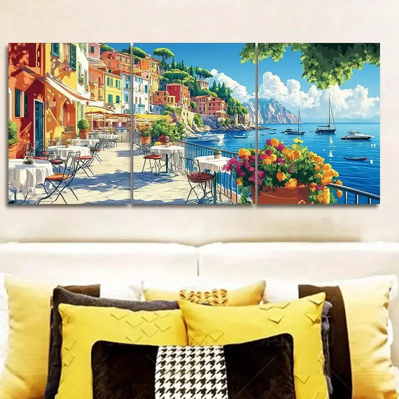 3pcs Colorful Vibrant Italian Town Scene Metal Print Ready to Hang Art