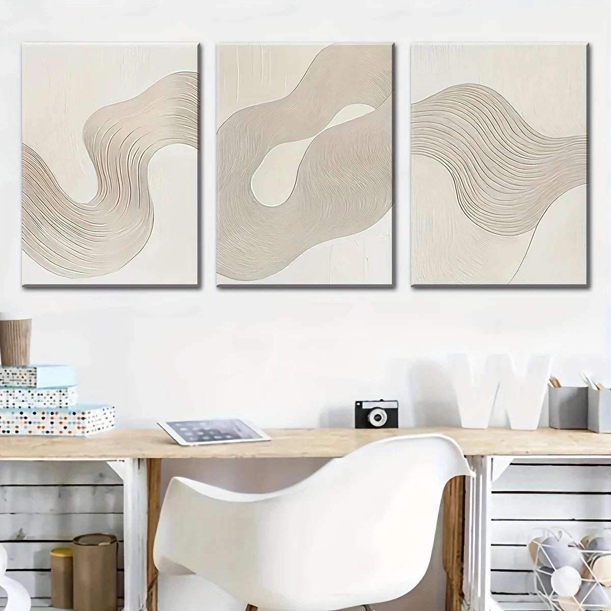 3pcs Abstract Line Modern Beige & Brown Swirls Metal Print Ready to Hang Art