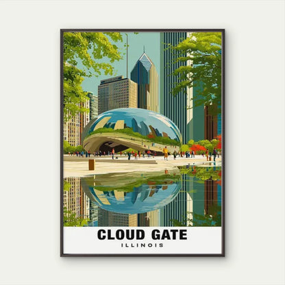 Cloud Gate Illinois Chicago Skyline Lurie Garden Travel Poster Print Wall Art