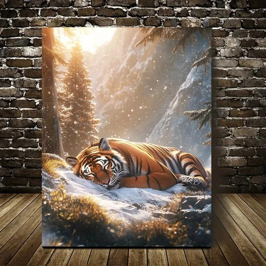 Sunlit Snowy Mountain Scene Style Tiger Painting 40x60cm Metal Print Ready to Hang