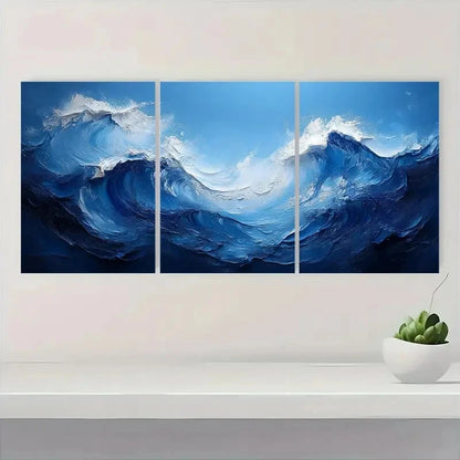 3pcs Dark Blue and White Abstract Wave Painting Metal Print Ready to Hang Art