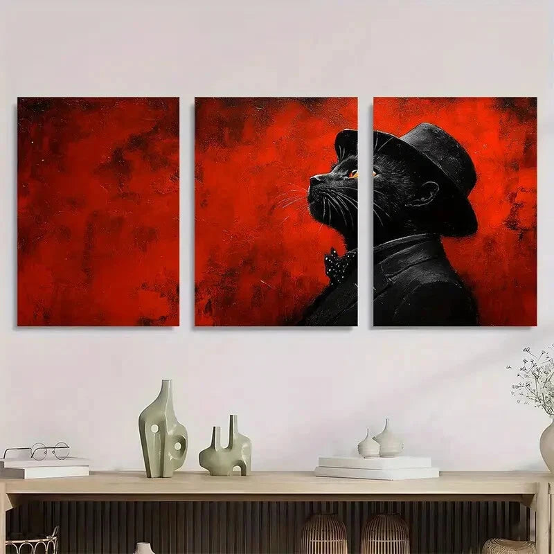 3pcs Vibrant Red & Black Painting Metal Print Ready to Hang Art
