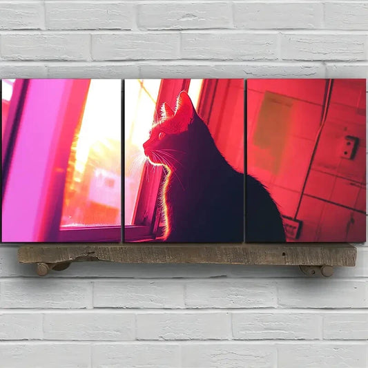 3pcs The Cat Gazing at The Sun Pink Themed Metal Print Ready to Hang Art
