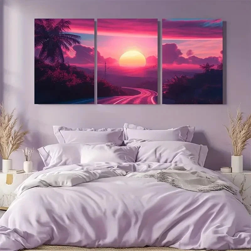 3pcs Vibrant Sunset Road Scene Metal Print Ready to Hang Art