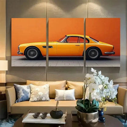 3pcs Minimalist Collector Car On Orange Background Metal Print Ready to Hang Art
