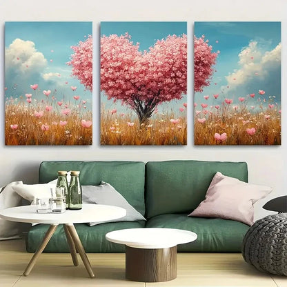 3pcs Heart Shaped Tree Romantic Floral Meadow Metal Print Ready to Hang Art