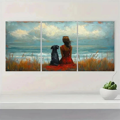 3pcs Whimsical Seaside Women With Dog Perfect Wall Art Set Canvas Framed 40x60cm - High Quality Print 100% Australian Made Wall Canvas Ready to Hang