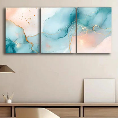 3pcs Pastel Blue & Lilac Marble Golden Veins Metal Print Ready to Hang Art