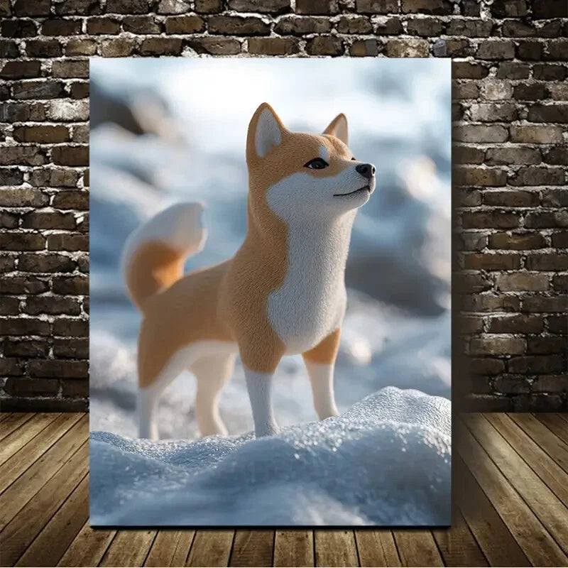Beautiful Shiba Inu On the snow Painting 40x60cm Metal Print Ready to Hang